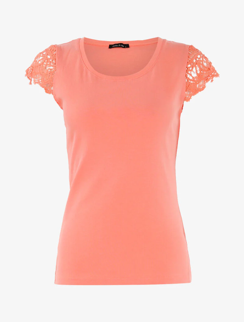T-shirt à mancherons en crochet - corail