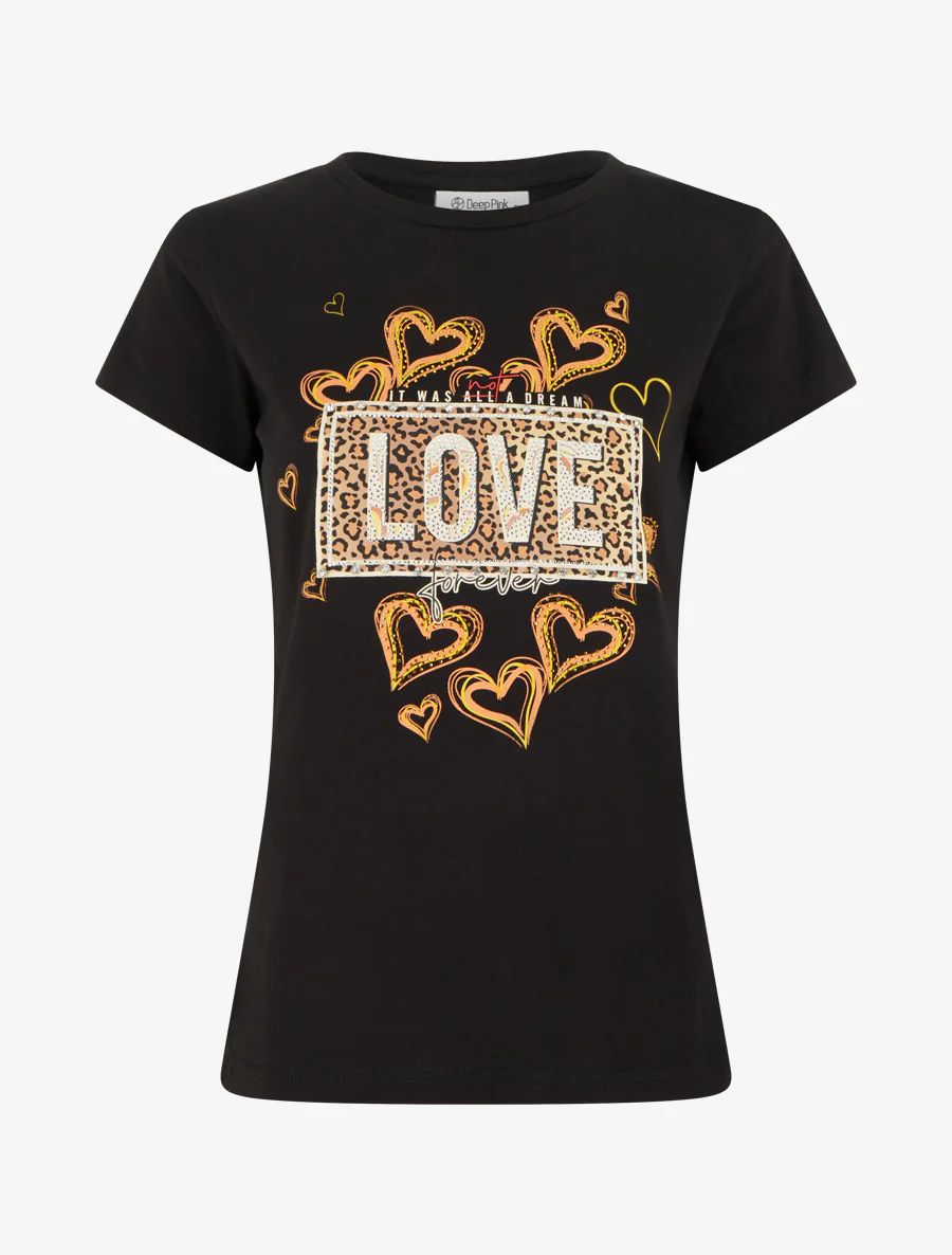 T-shirt à message et motif fleurs strassés - Noir