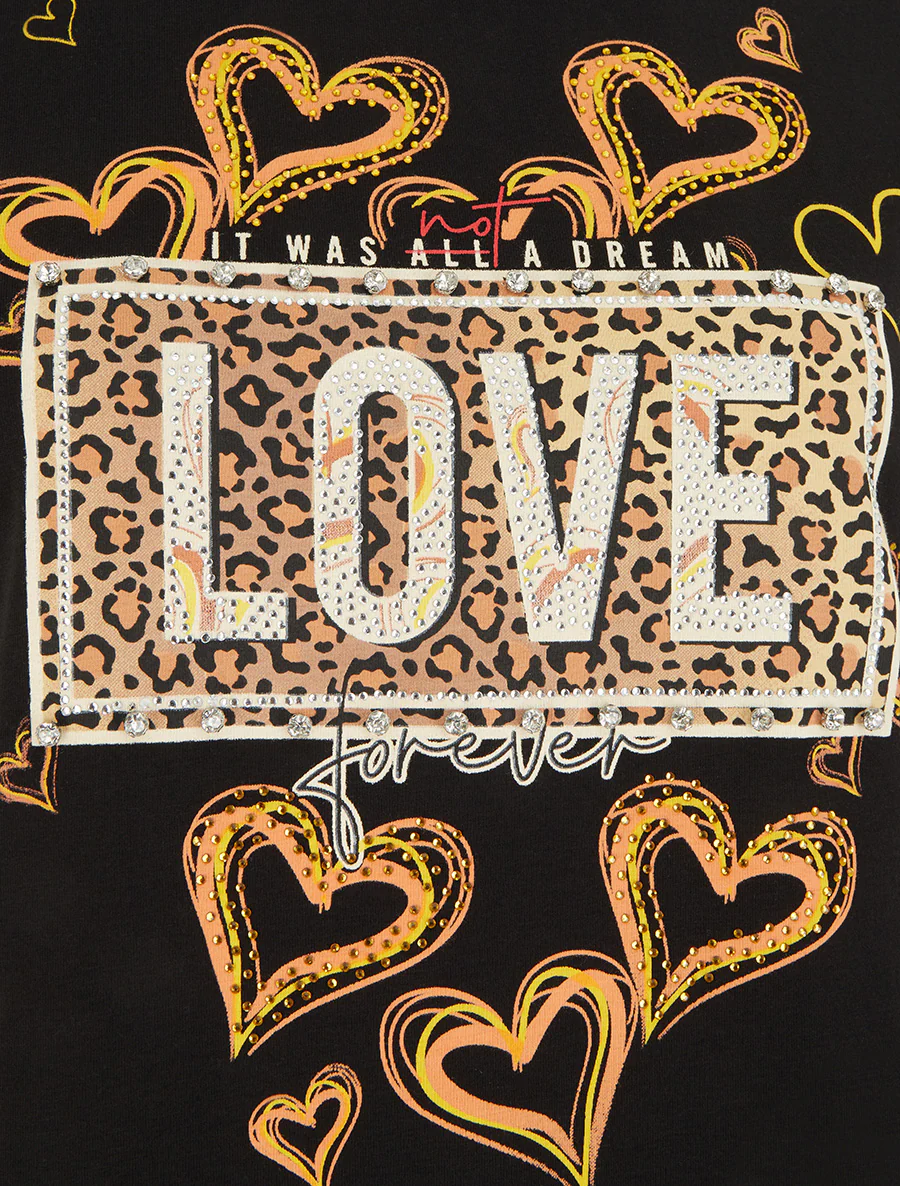 T-shirt à message et motif fleurs strassés - Noir - Image 3