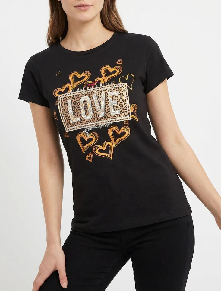 T-shirt à message et motif fleurs strassés - Noir - Image 4