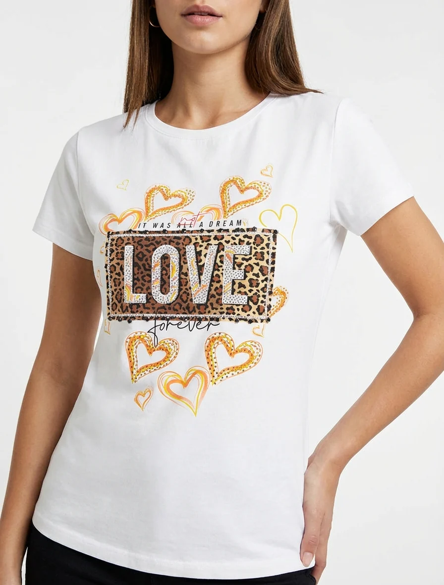 T-shirt à message et motif fleurs strassés - Blanc - Image 4