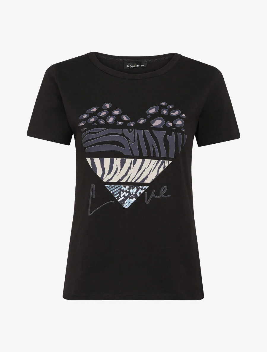 T-shirt à motif coeur et imprimé animaux - Noir