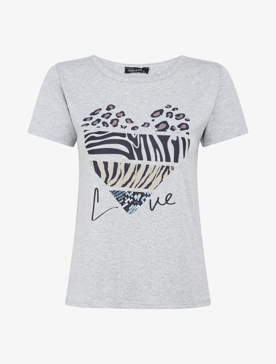 T-shirt à motif coeur et imprimé animaux - Gris