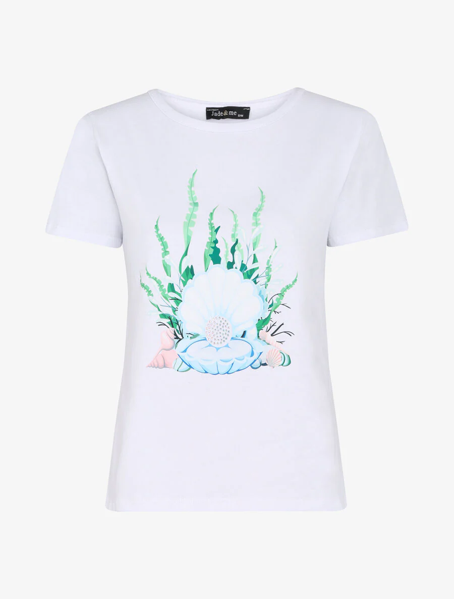 T-shirt à motif coquillage et strass - Blanc