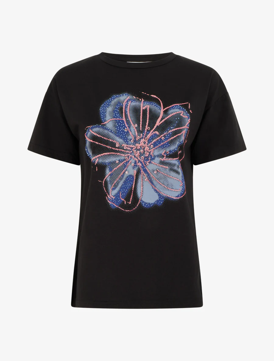 T-shirt à motif fleur et strass - Noir