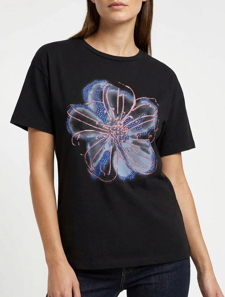 T-shirt à motif fleur et strass - Noir - Image 4