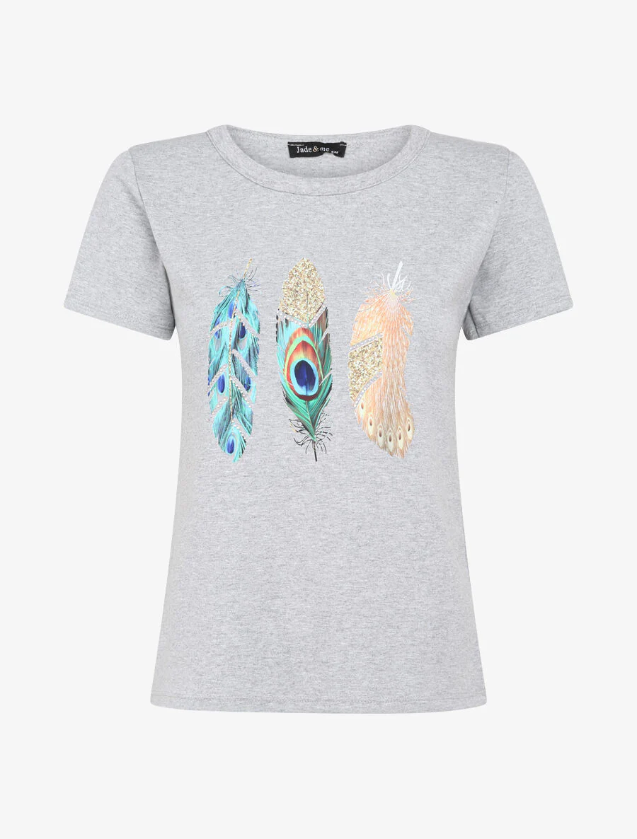 T-shirt à motif plumes et strass - Gris