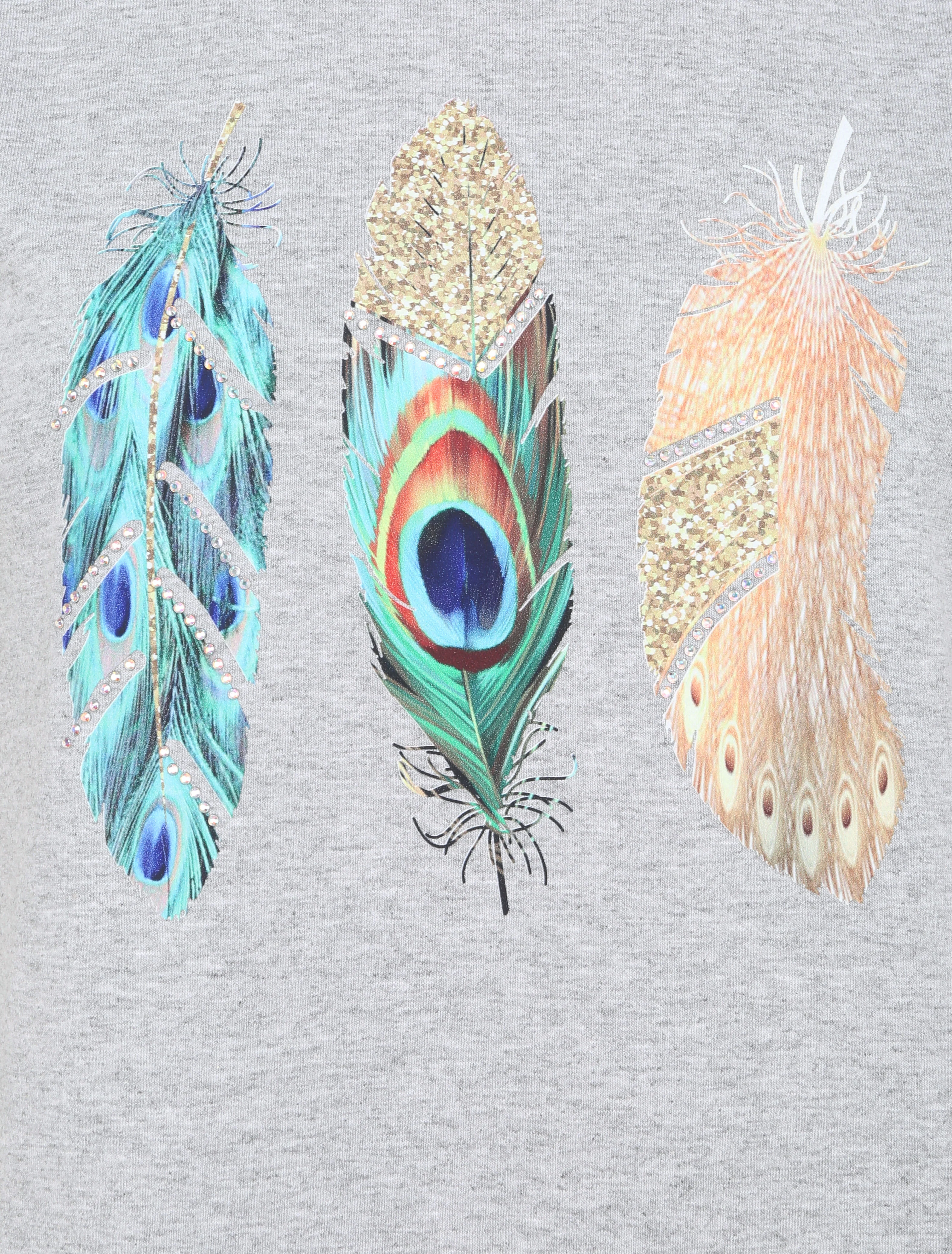 T-shirt à motif plumes et strass - Gris - Image 3