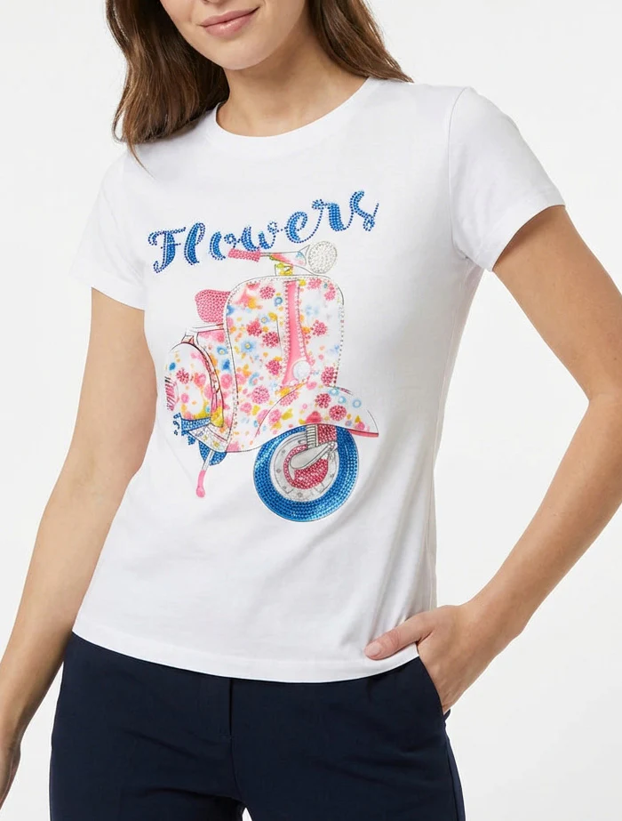 T-shirt à motif scooter strassé - Blanc - Image 4