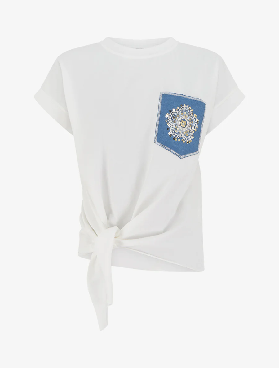 T-shirt à nouer à poche fantaisie - Blanc