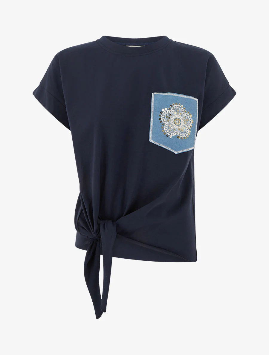 T-shirt à nouer à poche fantaisie - Marine