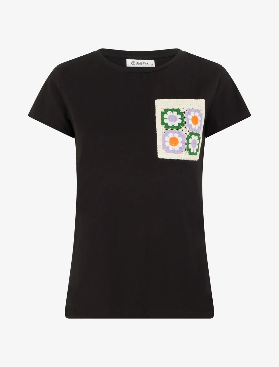 T-shirt à poche plaquée à motif floral - Noir