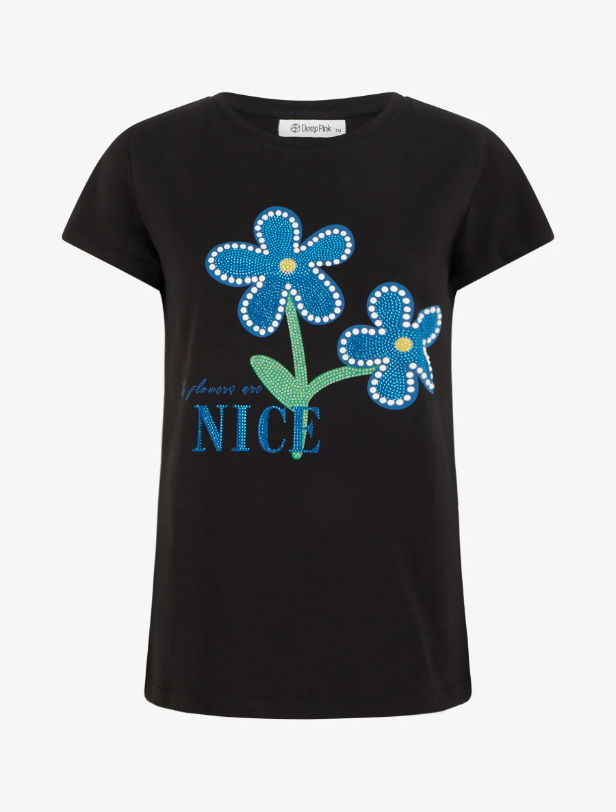 T-shirt à strass et fleurs - Noir