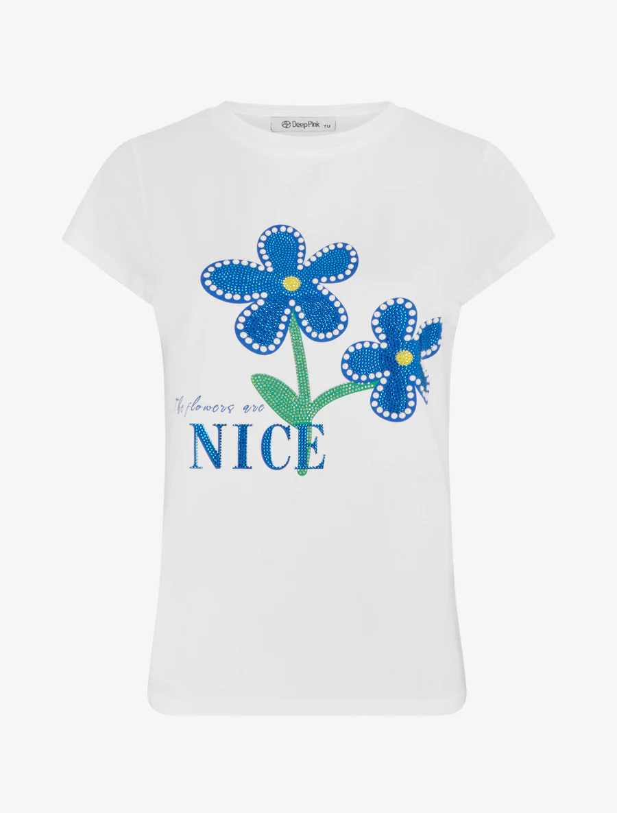 T-shirt à strass et fleurs - Blanc