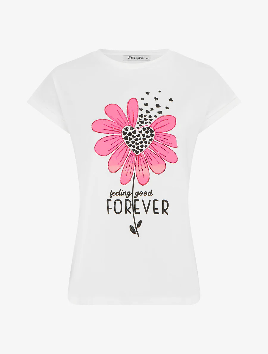 T-shirt à strass et flocage fleur - Blanc