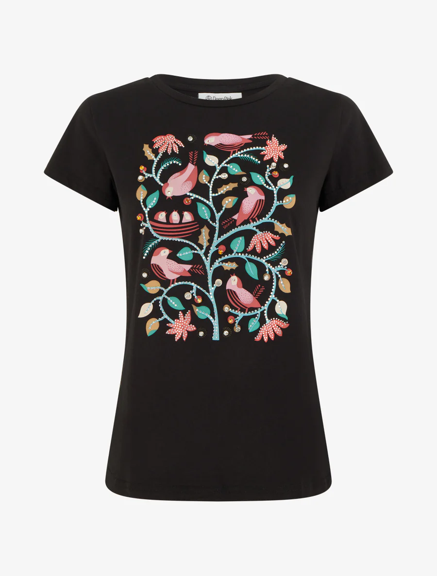 T-shirt à strass et flocage oiseaux - Noir
