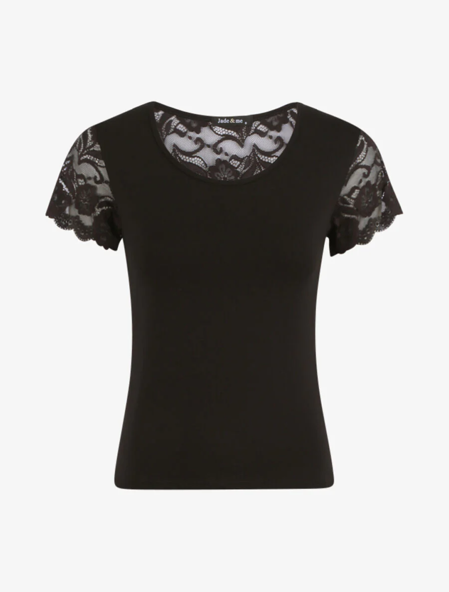 T-shirt ajusté à épaules en dentelle - Noir