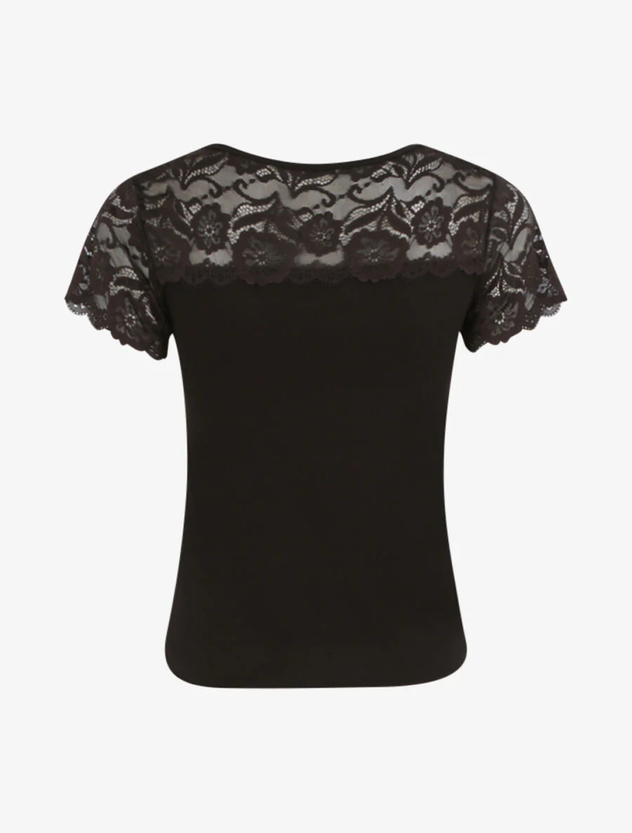 T-shirt ajusté à épaules en dentelle - Noir - Image 2