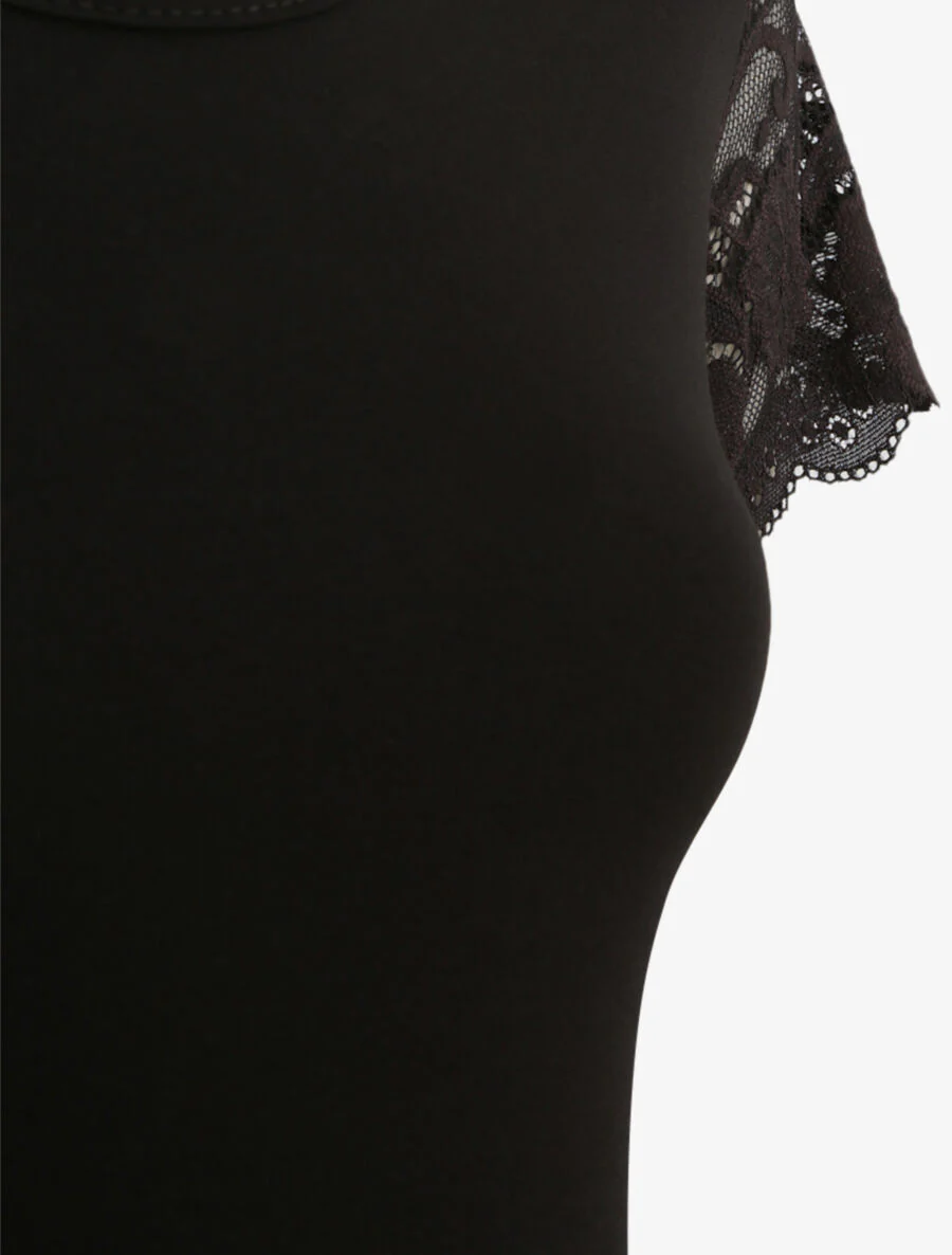 T-shirt ajusté à épaules en dentelle - Noir - Image 3