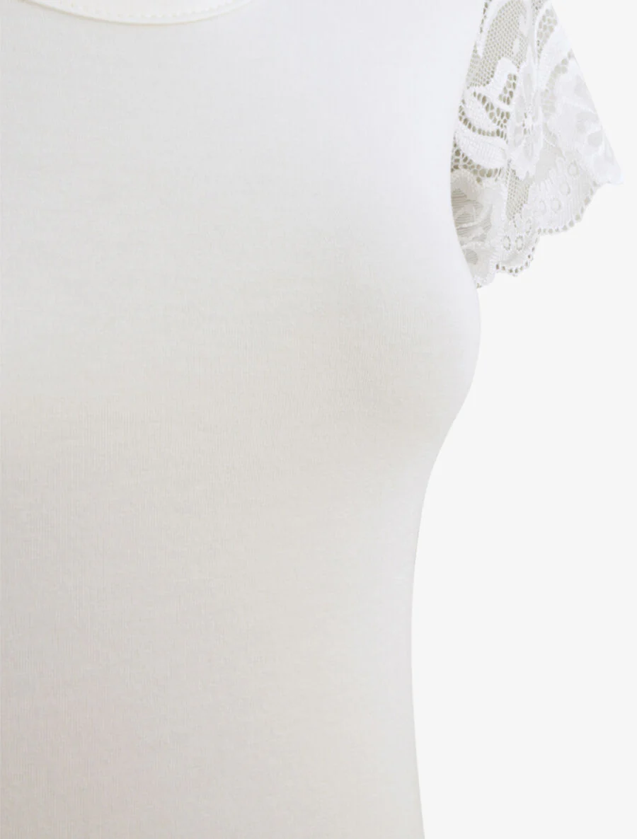T-shirt ajusté à épaules en dentelle - Blanc - Image 3