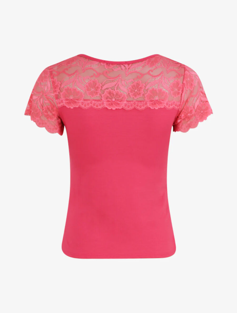 T-shirt ajusté à épaules en dentelle - Fushia - Image 2