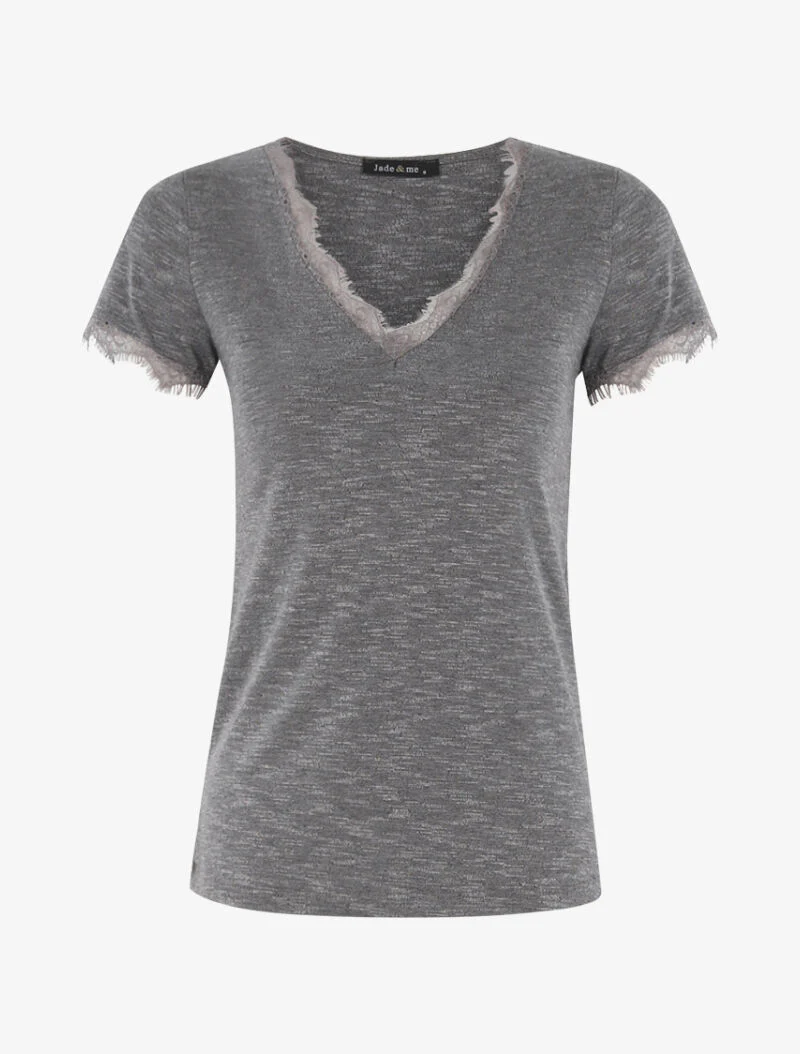 T-shirt chiné à bord dentelle - gris foncé