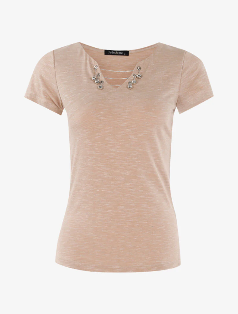 T-shirt chiné à détails chaînettes - beige