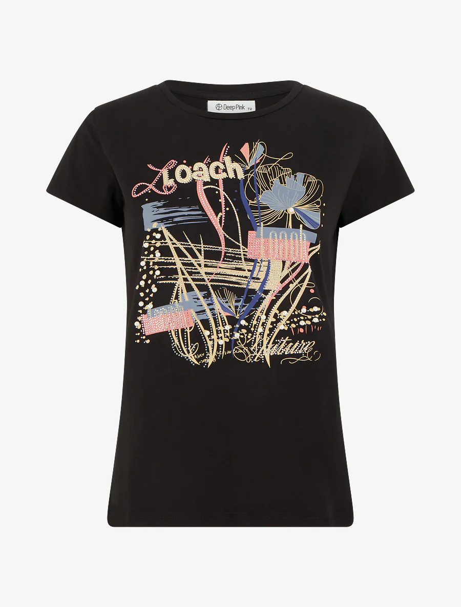 T-shirt floqué à strass et perles - Noir
