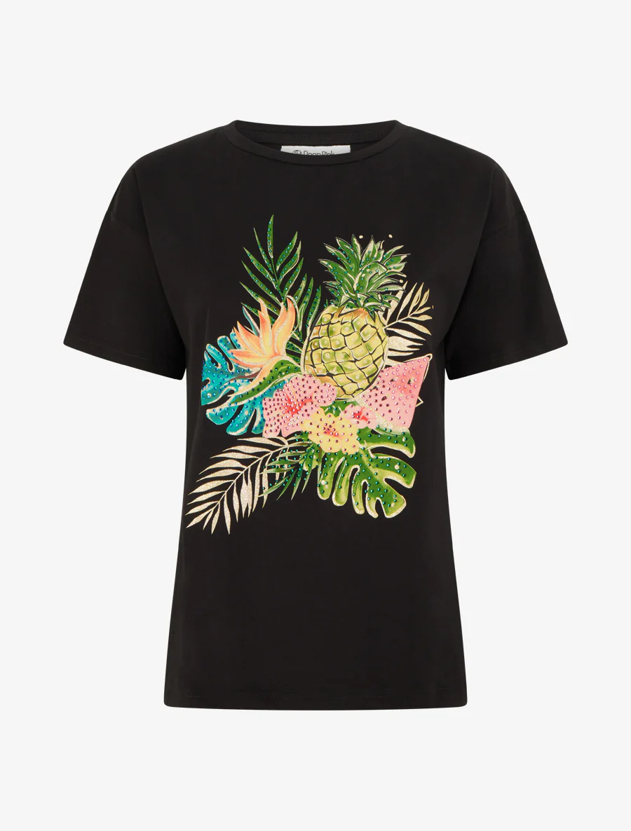T-shirt imprimé fruits et strass - Noir