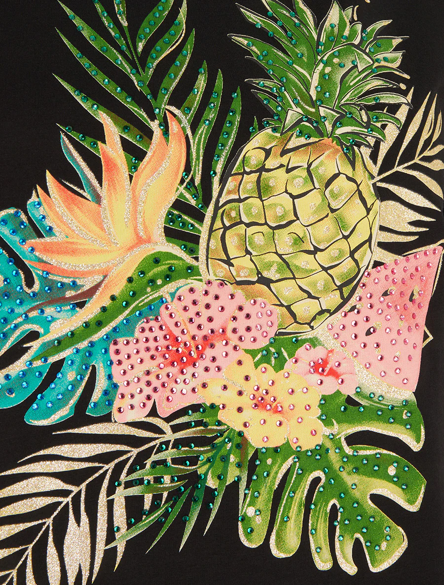 T-shirt imprimé fruits et strass - Noir - Image 3