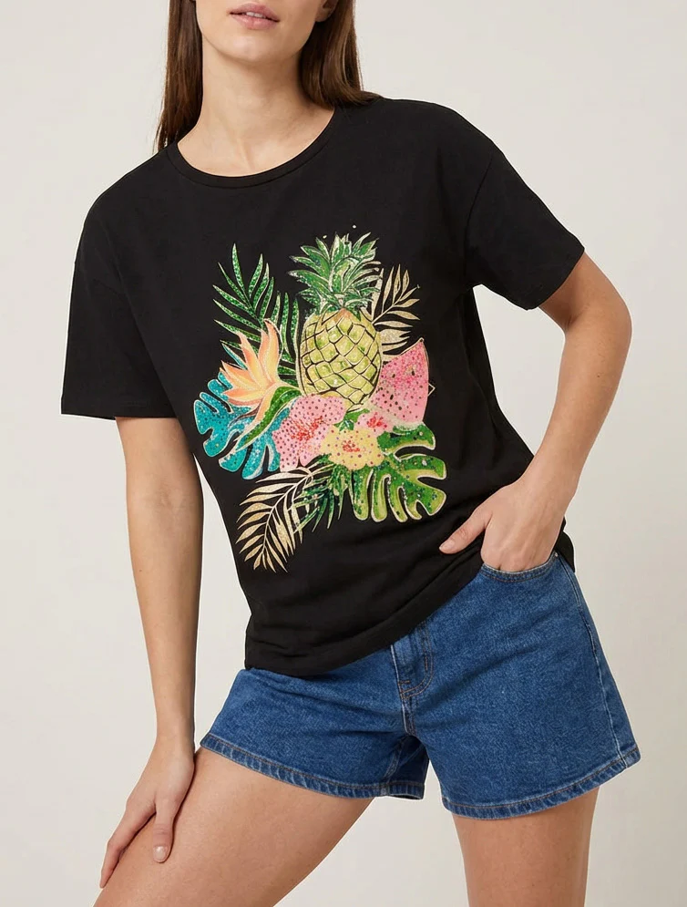 T-shirt imprimé fruits et strass - Noir - Image 4