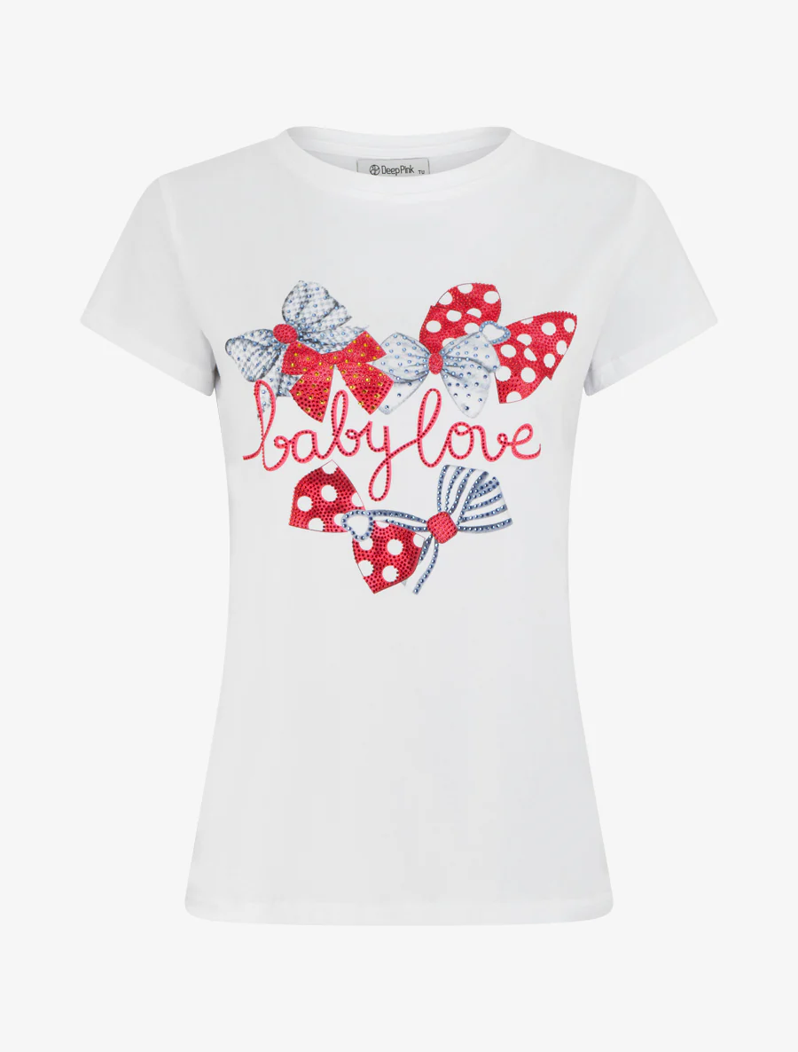 T-shirt imprimé noeuds strassés - Blanc