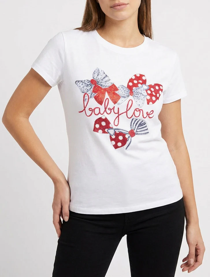 T-shirt imprimé noeuds strassés - Blanc - Image 4