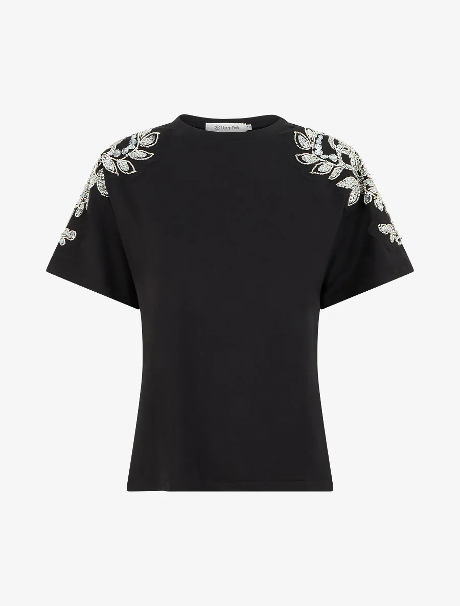T-shirt manches courtes à épaules strassées - Noir