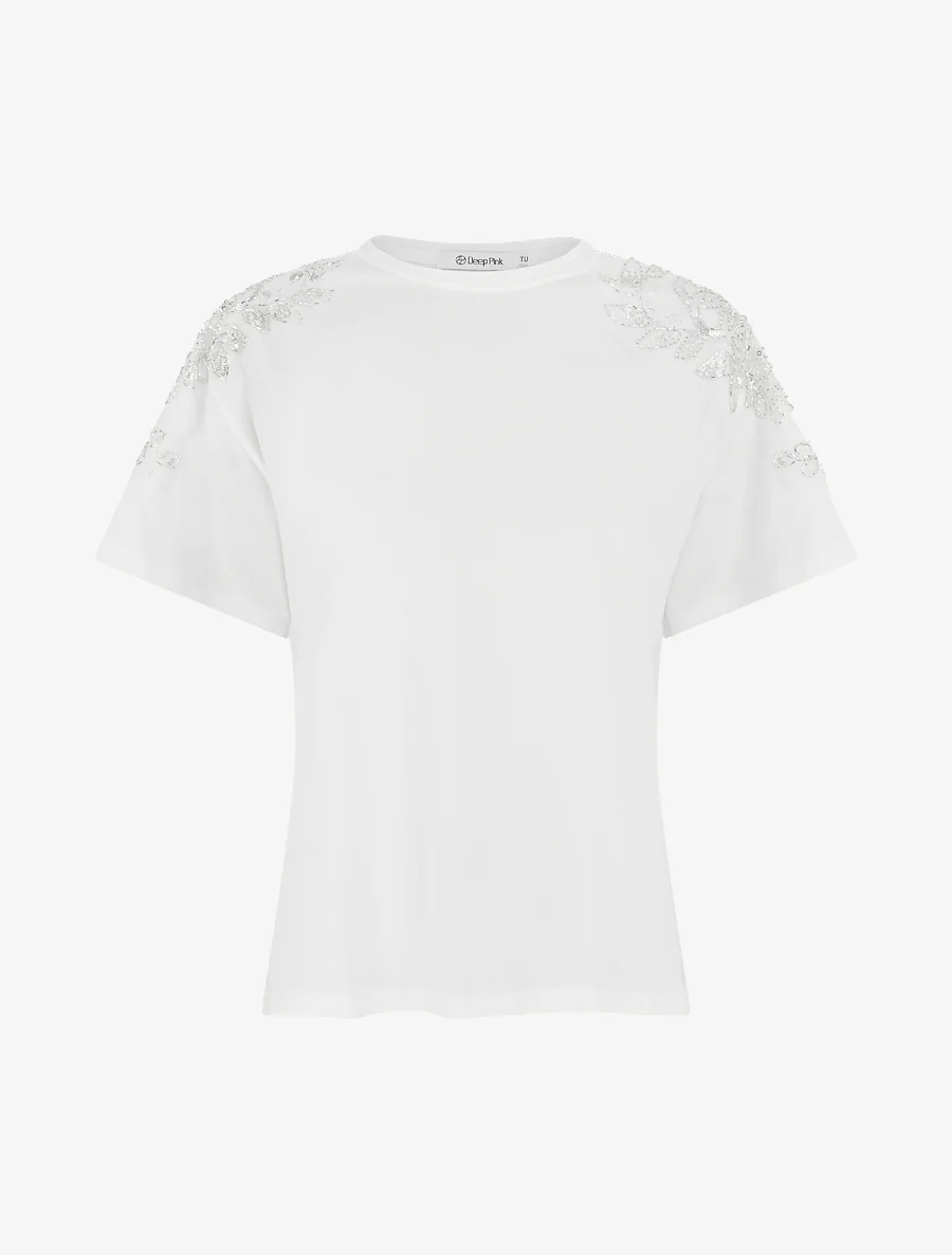 T-shirt manches courtes à épaules strassées - Blanc