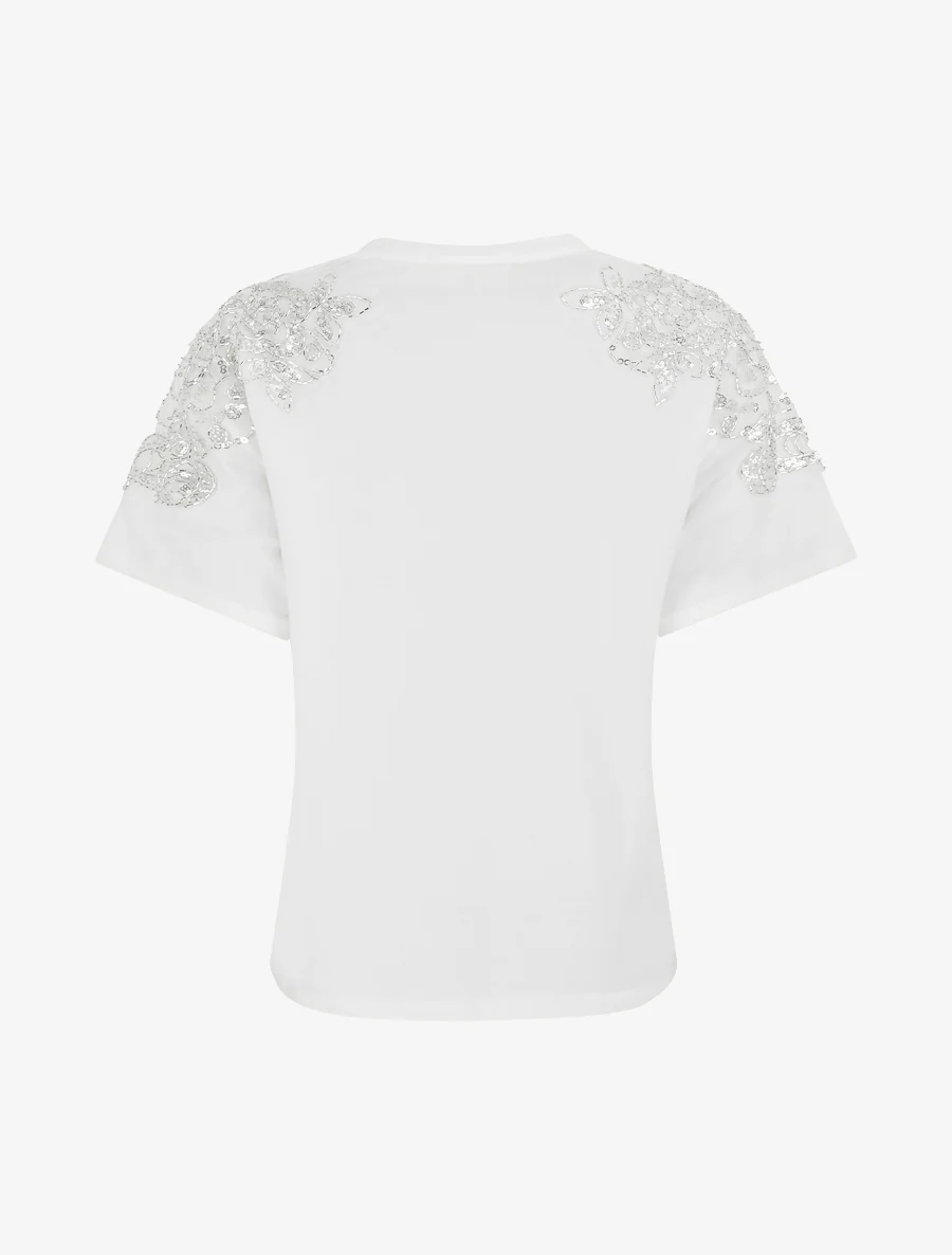 T-shirt manches courtes à épaules strassées - Blanc - Image 2