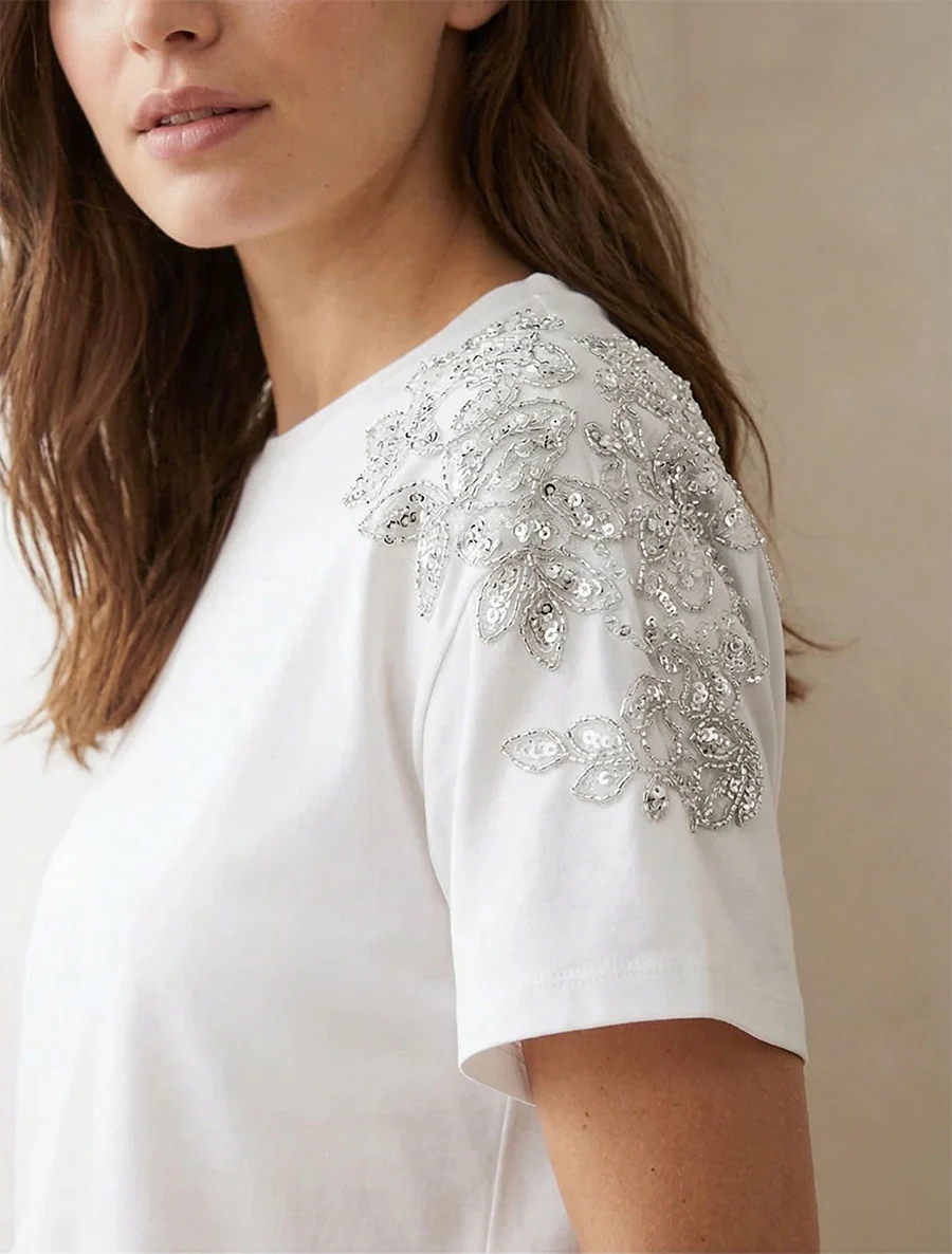 T-shirt manches courtes à épaules strassées - Blanc - Image 3