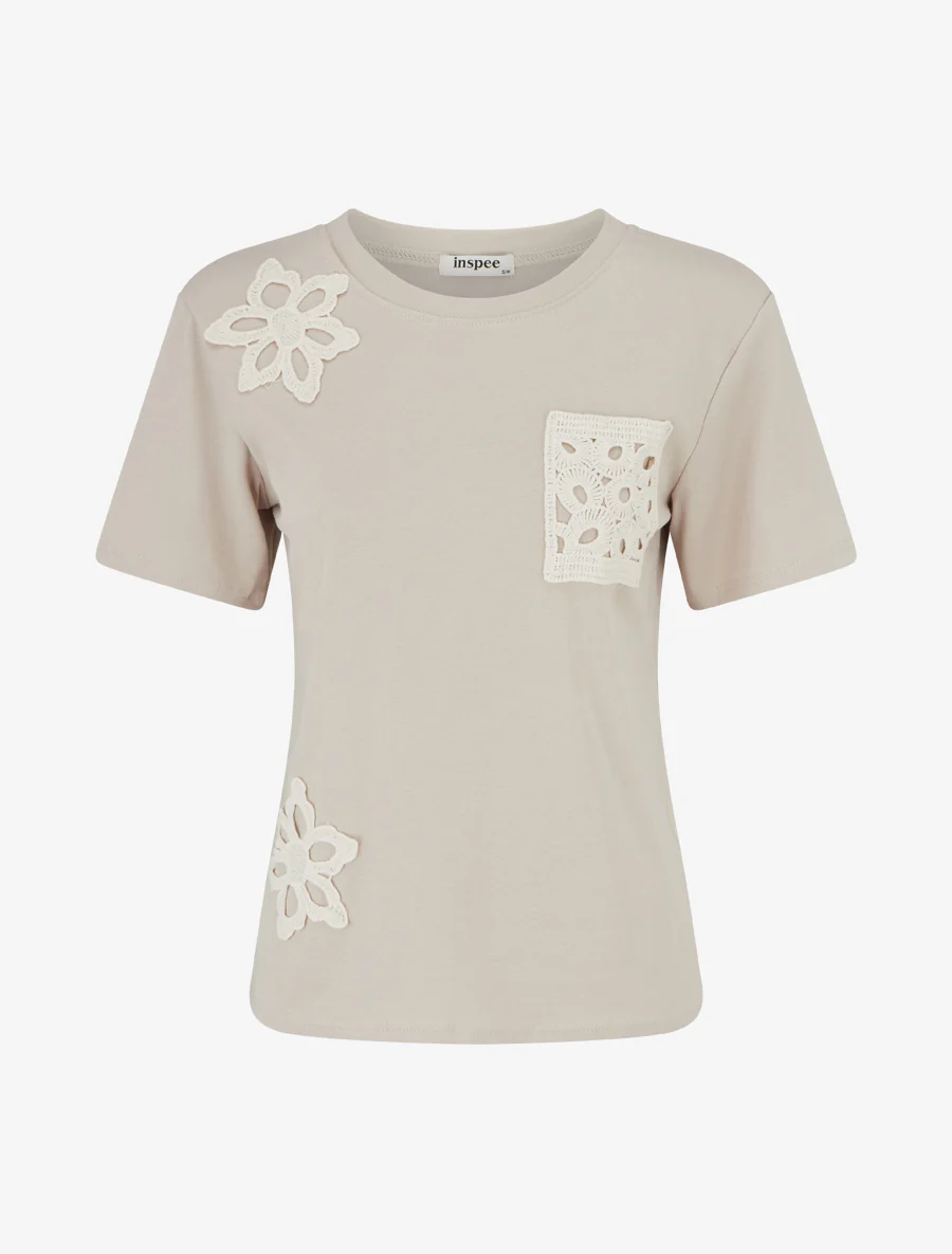 T-shirt manches courtes à poche brodée - Beige