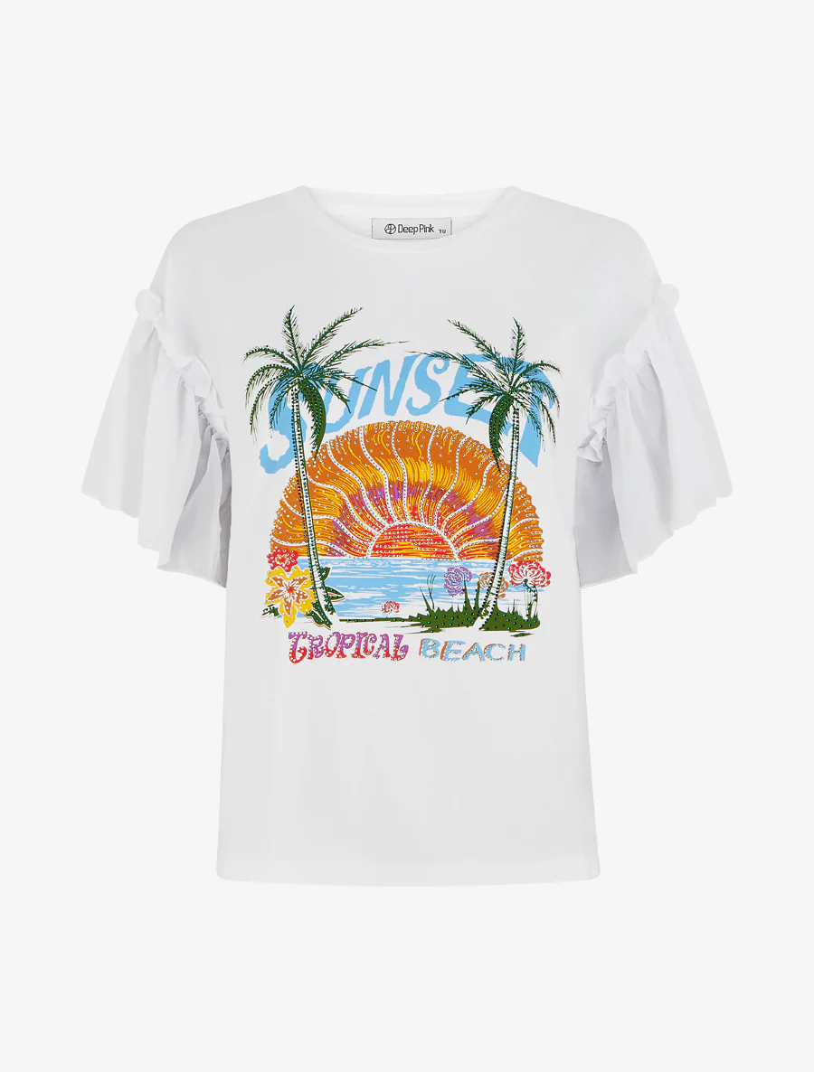 T-shirt motif sunset à strass - Blanc