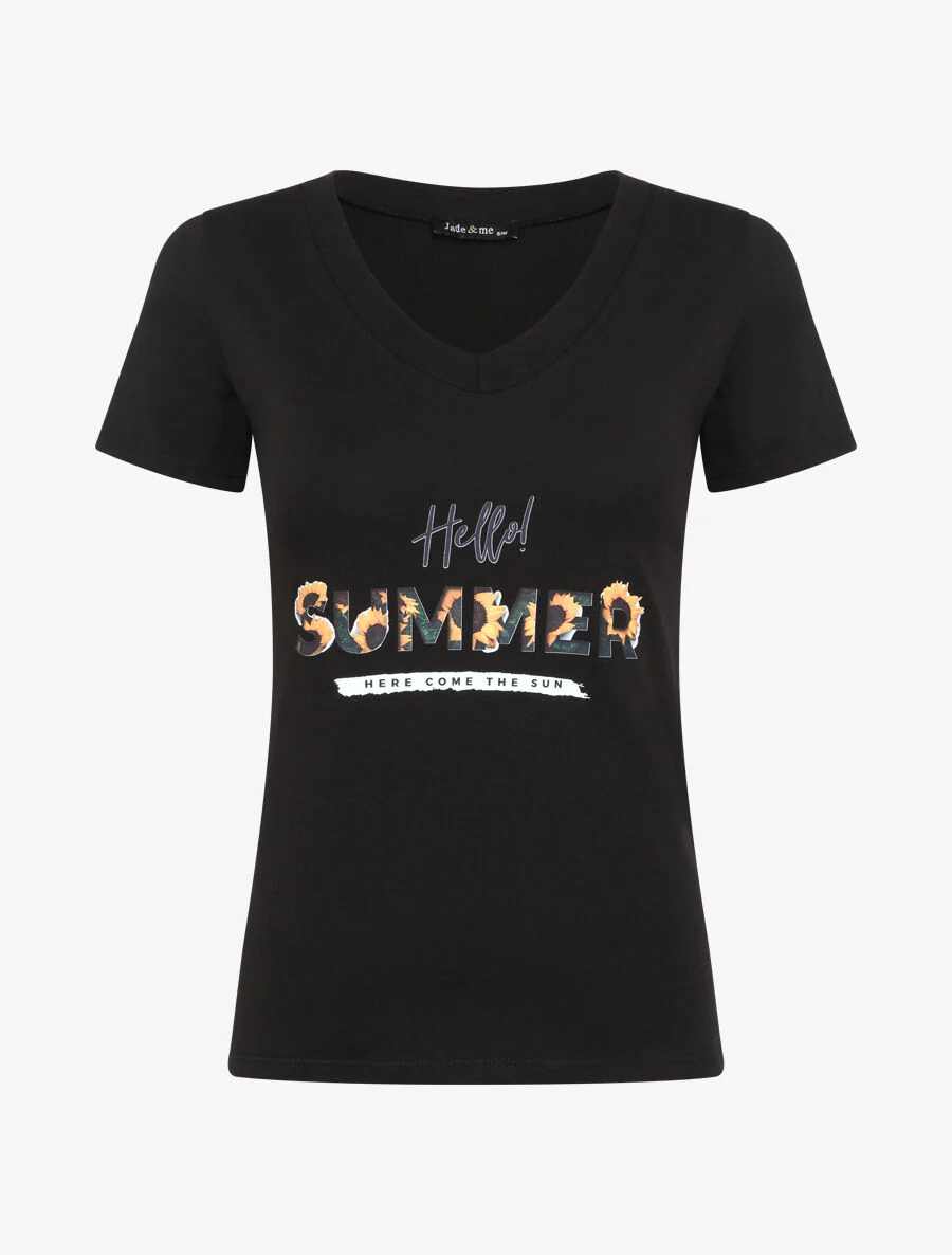 T-shirt slim à message et tournesols - Noir