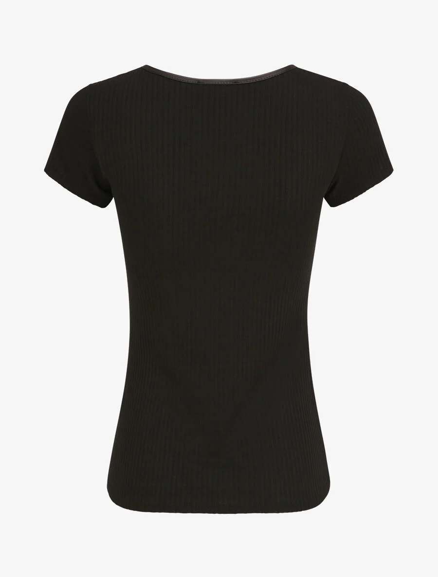 T-shirt slim uni côtelé - Noir - Image 2