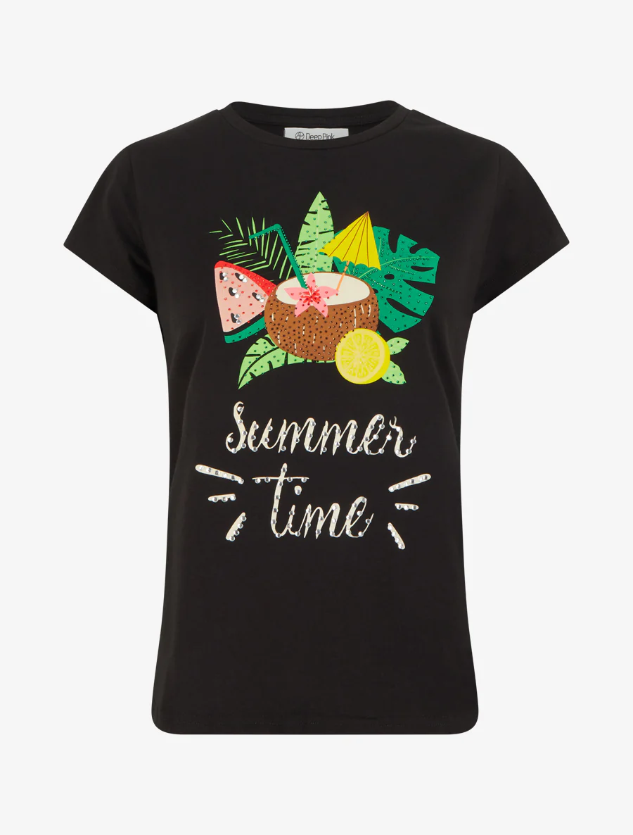 T-shirt Summer Time à strass - Noir
