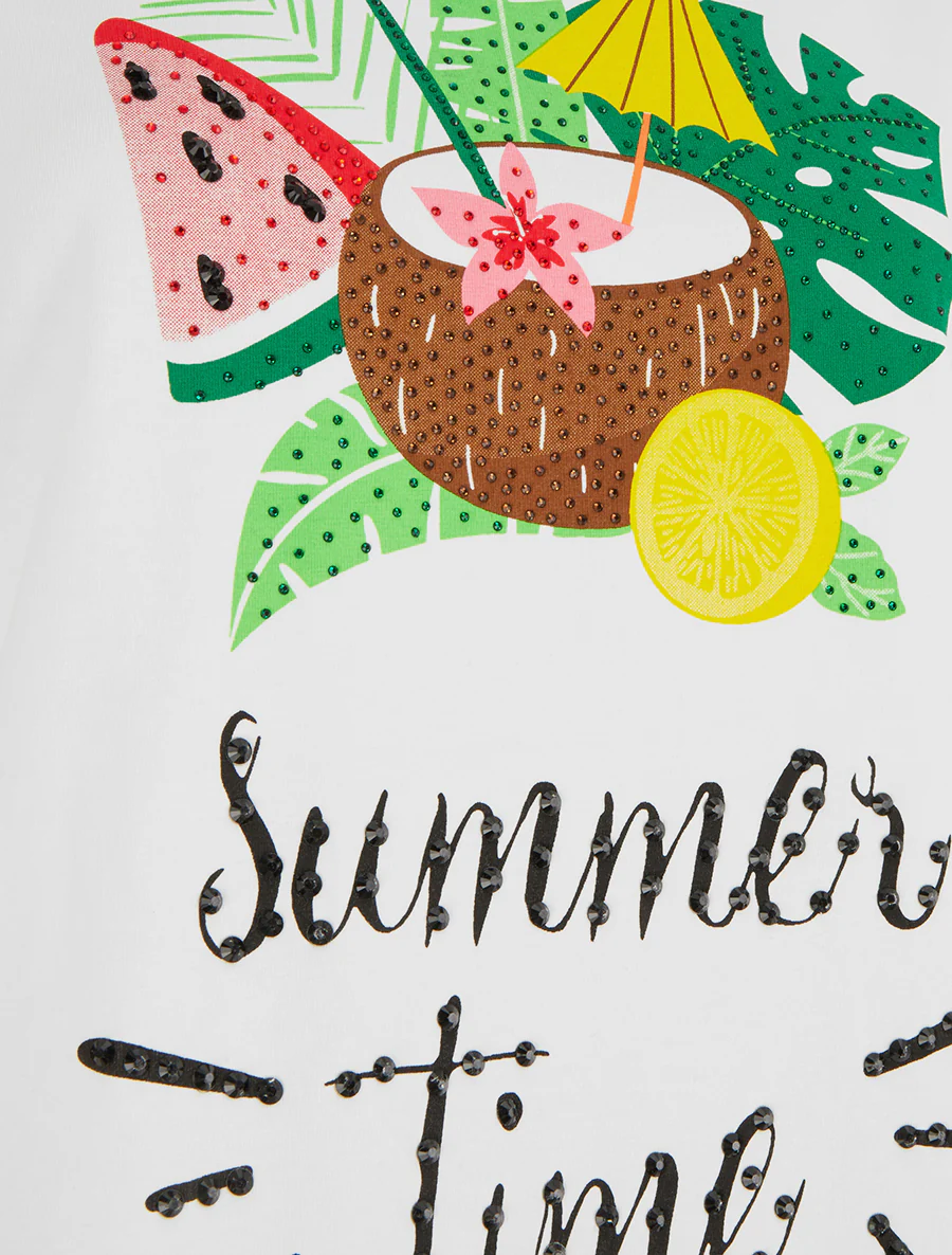 T-shirt Summer Time à strass - Blanc - Image 3