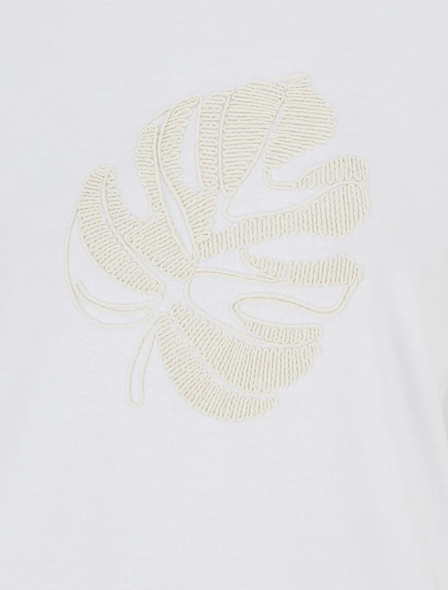 T-shirt uni à broderie feuille - Blanc - Image 3