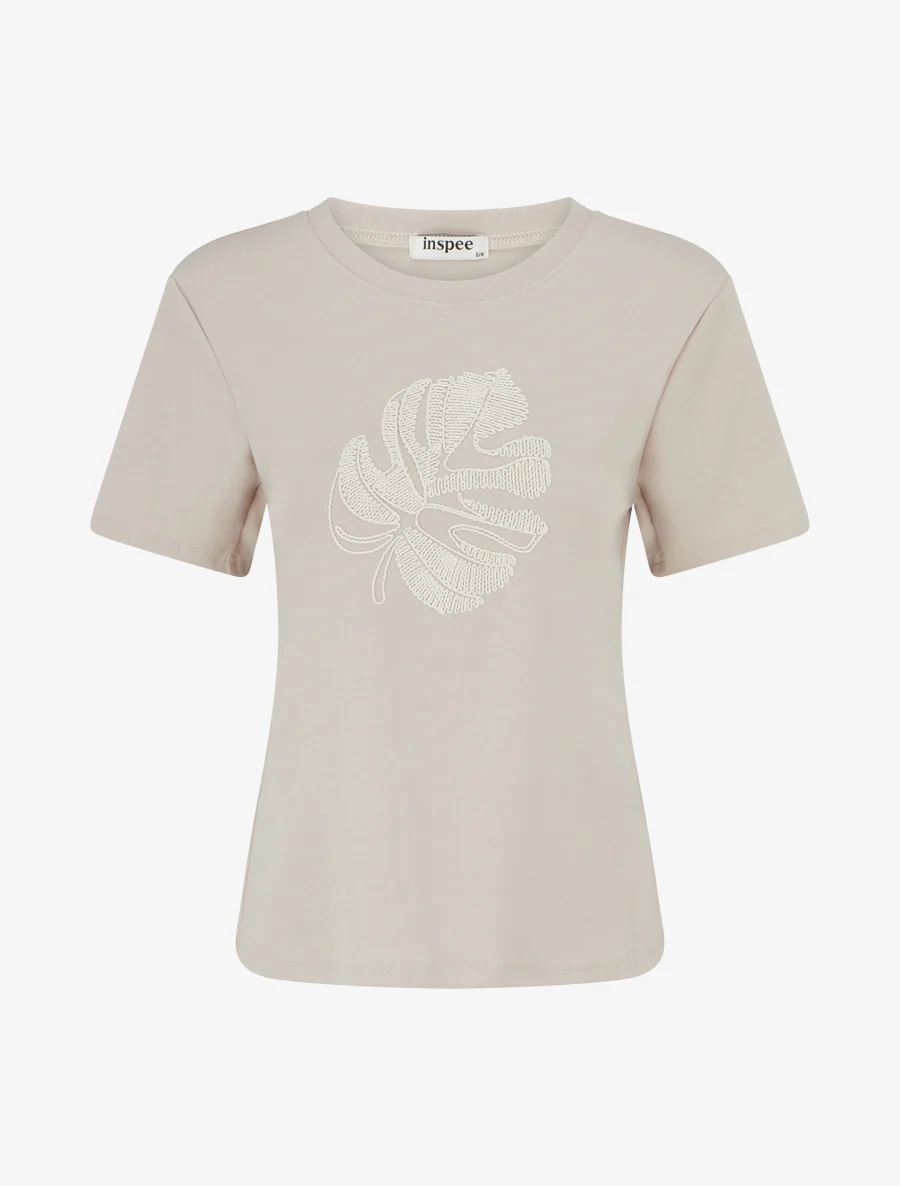 T-shirt uni à broderie feuille - Beige