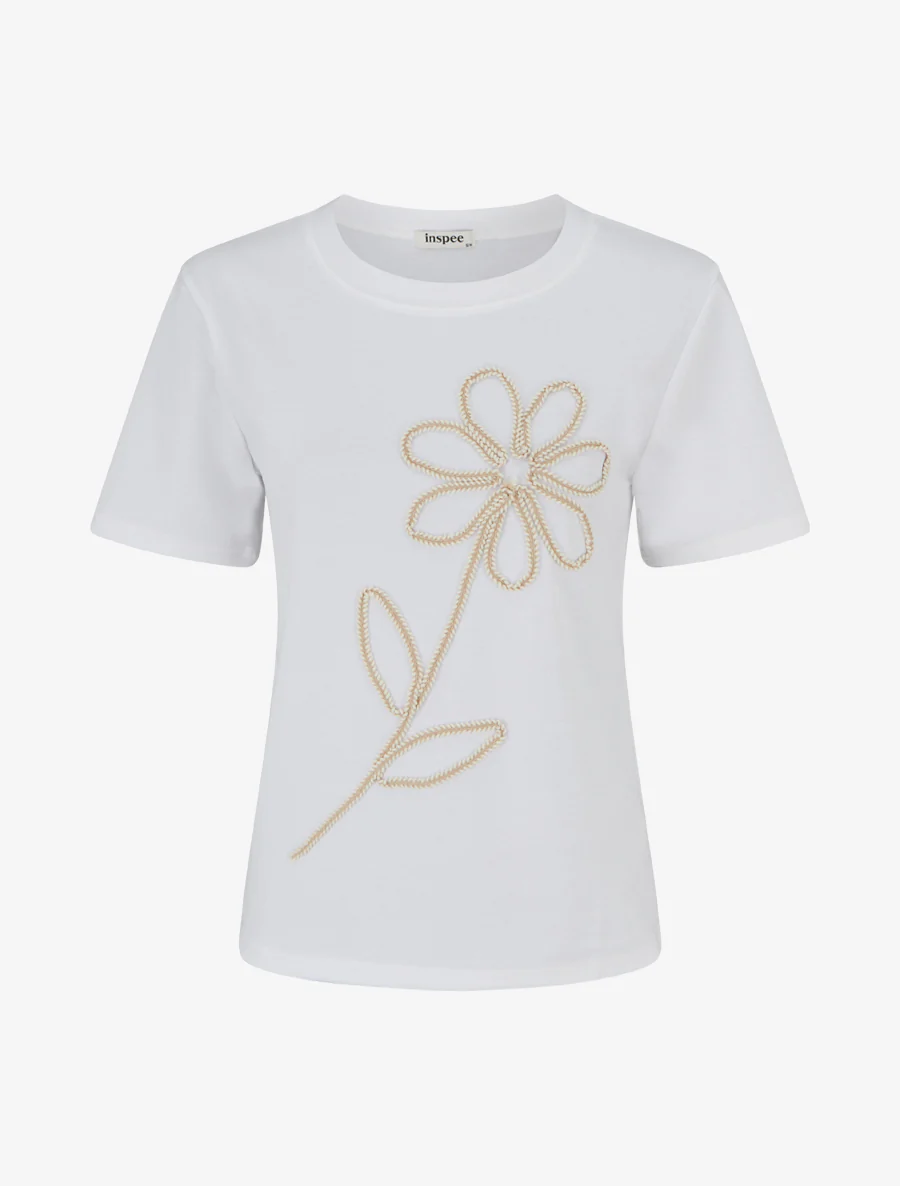 T-shirt uni à broderie fleur - Blanc