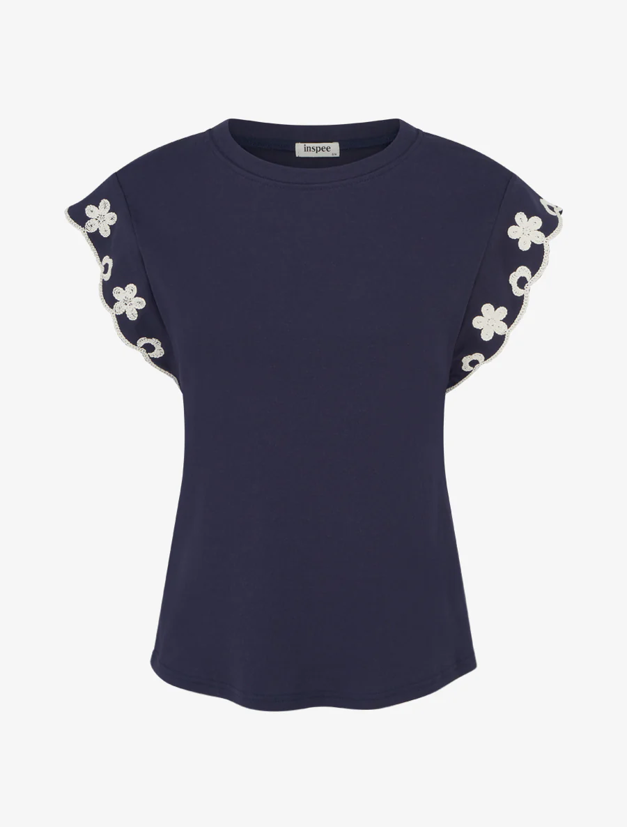T-shirt uni à motif floral - Marine