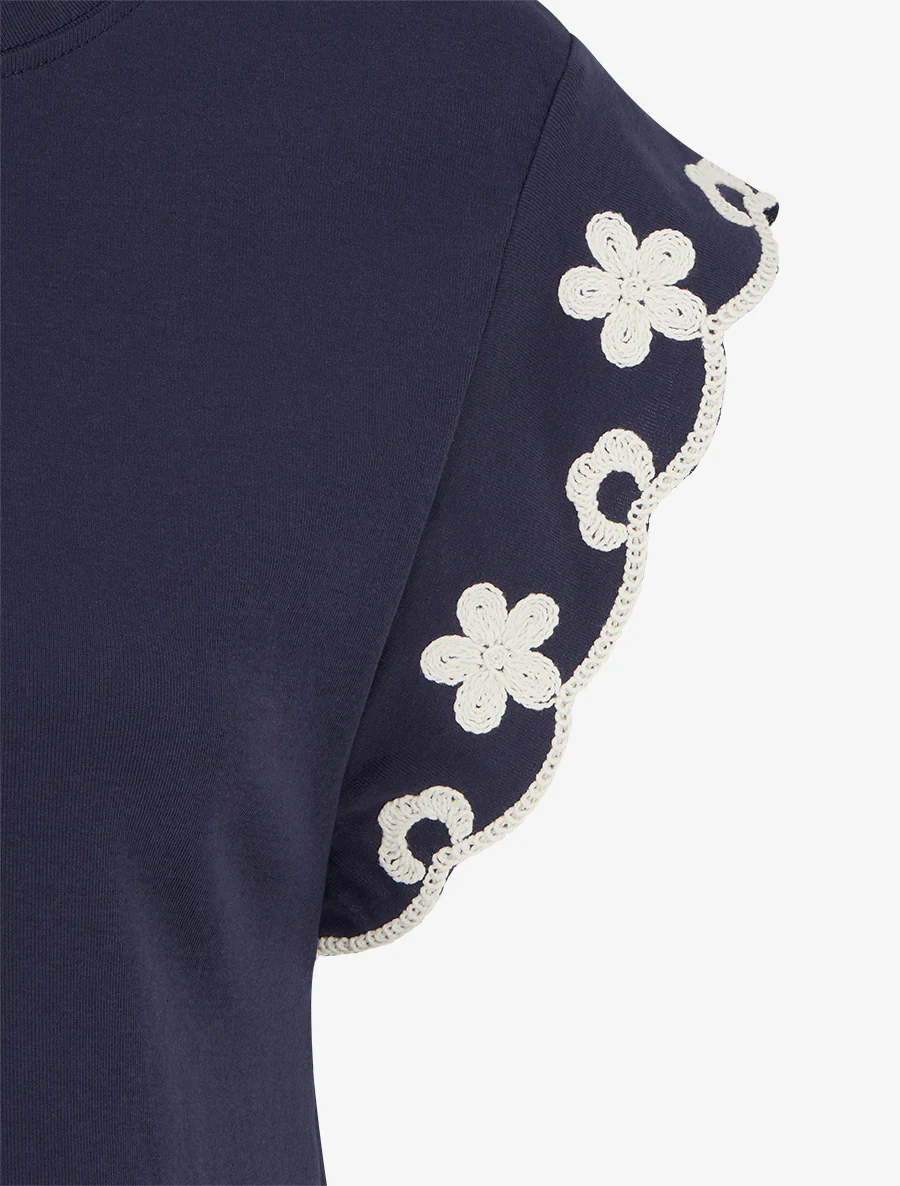 T-shirt uni à motif floral - Marine - Image 3