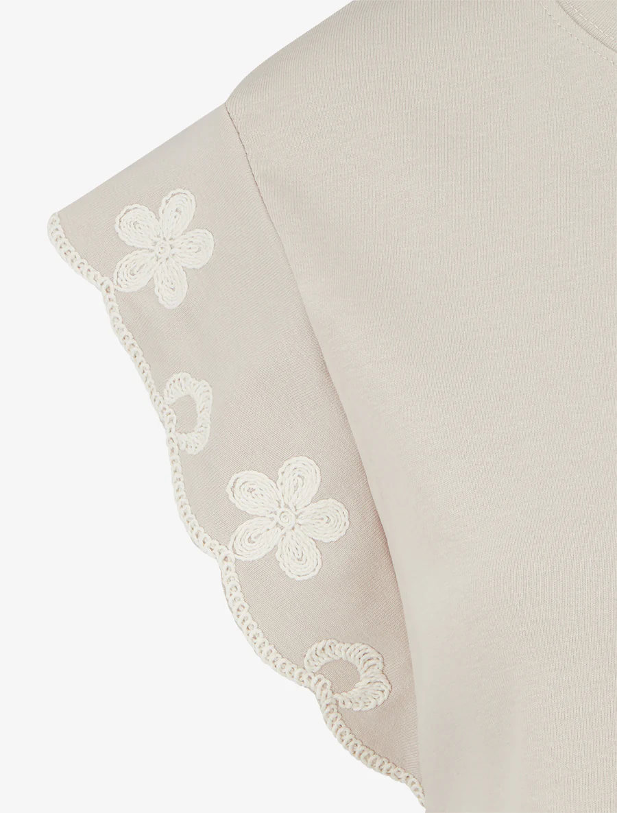 T-shirt uni à motif floral - Beige - Image 3