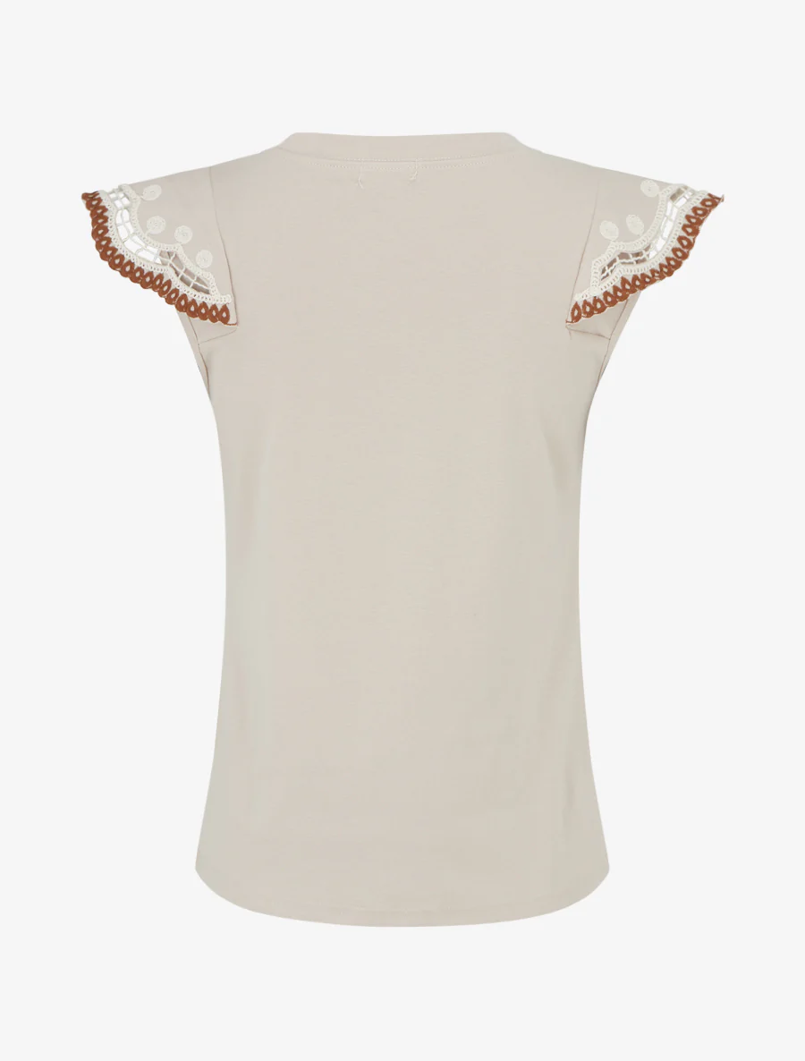 T-shirt uni manches courtes brodées - Beige - Image 2